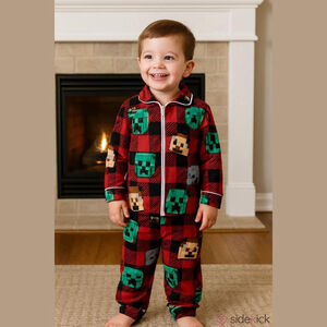 Boys Unbranded Red Black Minecraft Plaid Pajama Set XS (4/5)